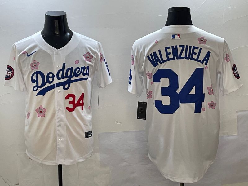 Men Los Angeles Dodgers 34 Valenzuela White Sakura Edition 2025 Nike MLB Jersey style 3